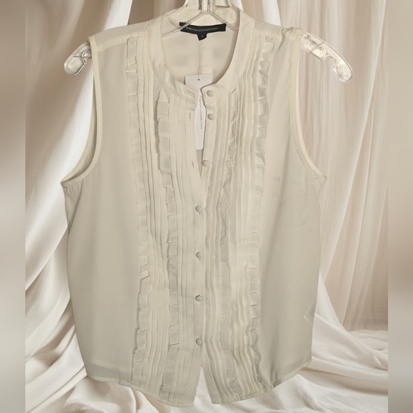 French Connection Cream Mandarin Collar w/ Button Down Ruffle Sleeveless Blouse - Picture 2 of 12